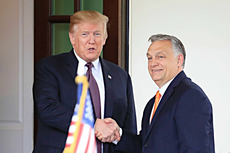 HÅNDTRYKK: President Donald Trump og Ungarns statsminister Viktor Orbán i Washington mandag.