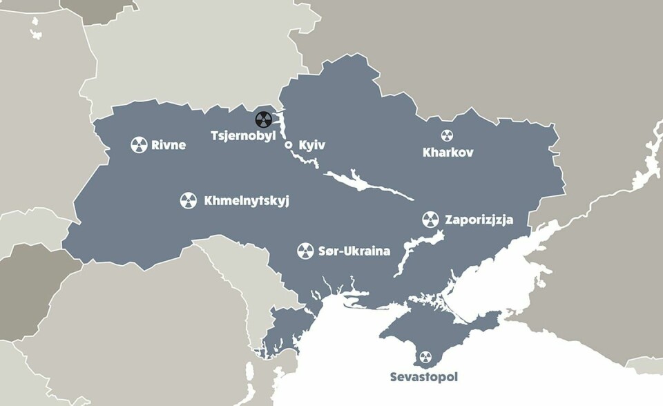 KRAFTVERK: I Ukraina er det fire store atomkraftverk i drift, i tillegg til to mindre forskingsreaktorer i Sevastopol og Kharkov. KRAFTVERK: I Ukraina er det fire store atomkraftverk i drift, i tillegg til to mindre forskingsreaktorer i Sevastopol og Kharkov.