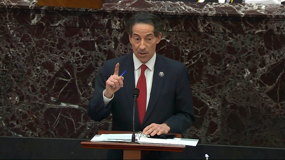 RIKSRETT: Aktoratets leder Jamie Raskin i Senatet på riksrettssakens første dag. Foto: Senatet / AP / NTB