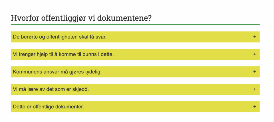 OFFENTLIGGJØR DOKUMENTER: Slik begrunner Gjerdrum kommune hvorfor de velger å legge ut alle dokumenter som kan belyse raskatastrofen. Gjerdrum kommune, skjermdump