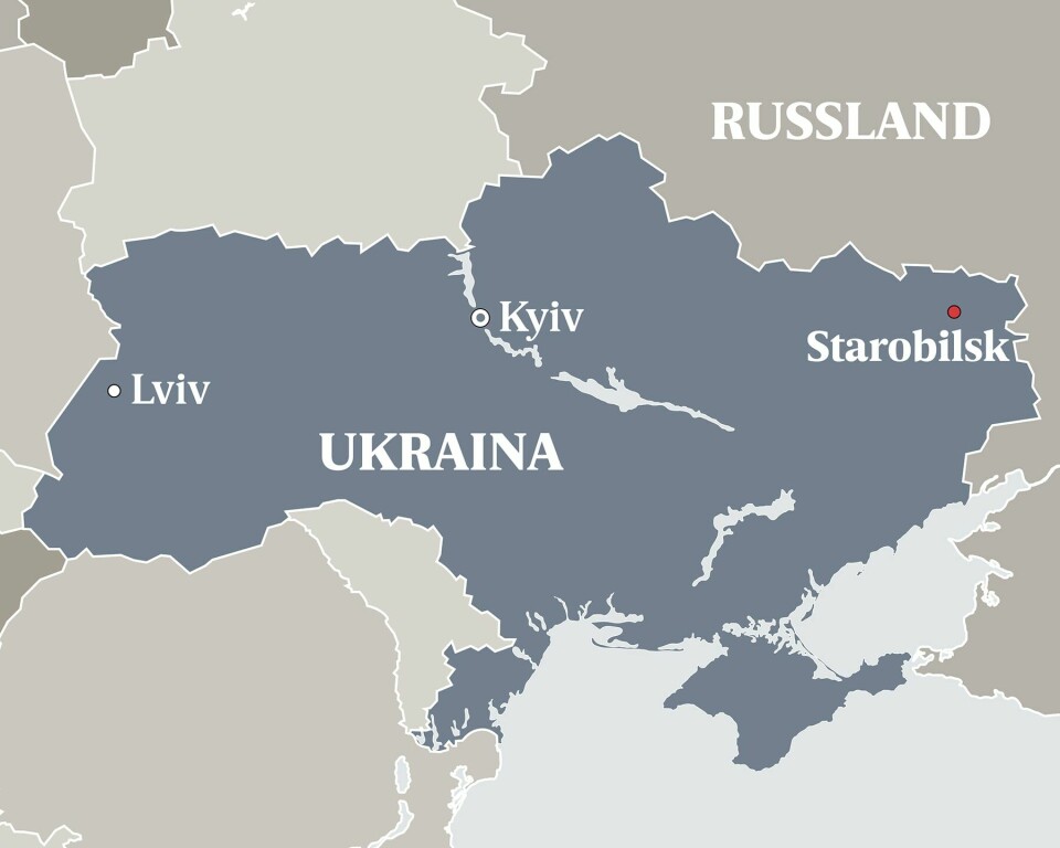 ØST; Starobilsk ligger i østlige Ukraina, nær de russiskkontrollerte områdene i Donbass. Nå er byen okkupert av russiske styrker. Bildet viser et kart over Ukraina.