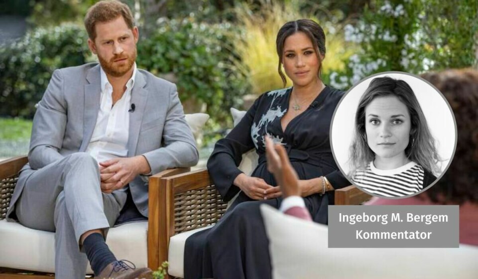 «Kongehuset er svekket fordi Harry og Meghan – slik Diana gjorde det i sin tid – har gitt oss et innblikk i hvilket umenneskelig press kongelige lever under», skriver Ingeborg M. Bergem. Kongehuset er svekket fordi Harry og Meghan – slik Diana gjorde det i sin tid – har gitt oss et innblikk i hvilket umenneskelig press kongelige lever under, skriver Ingeborg M. Bergem.