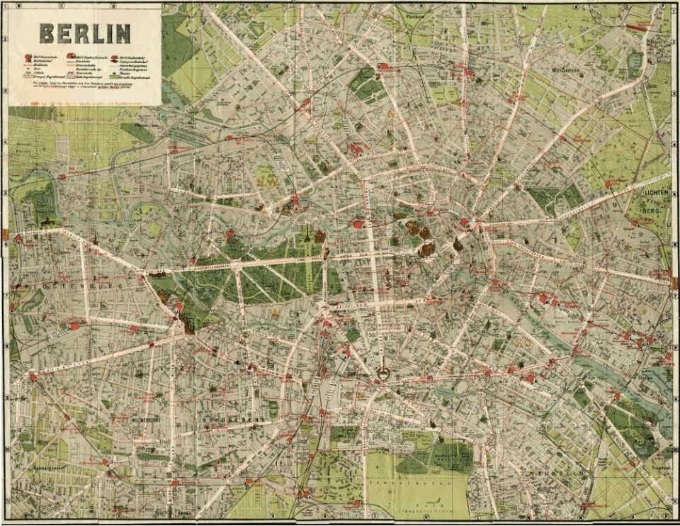Bykartet viser Berlin omtrent i 1920. I sentrum sees både Byslottet og Berliner Dom. Da Stor-Berlin ble opprettet i 1920 fikk byen fire millioner innbyggere, hvorav svært mange jobbet i industrien. FOTO: Landesarchiv.de