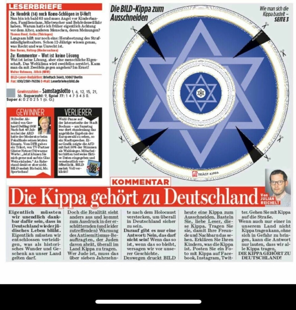 Den tyske avisen Bild oppfordrer tyskere til å klippe ut kippaen de trykker på papir og bruke den i solidaritet med tyske jøder som utsettes for hets.
