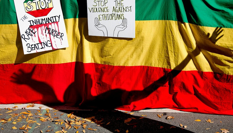 Den etiopiske regjeringen sa søndag at de vil granske saken og reagere mot enhver som har vært involvert i det de kaller «den ekstremt barbariske handlingen» The shadow of a protestor is cast against a banner resembling the flag of Ethiopia during a demonstration against the treatment of Ethiopian migrant workers in Saudi Arabia, Monday, Nov. 18, 2013, in Atlanta. Roughly a thousand protestors, many from Atlanta's Ethiopian community, rallied downtown forcing police officers to temporarily shutdown Marietta Street to passing traffic. Many foreign workers in Saudi Arabia are fleeing or are under arrest amid a crackdown on the kingdom's 9 million migrant laborers. Close to 500 Ethiopians have been repatriated. (AP Photo/David Goldman)