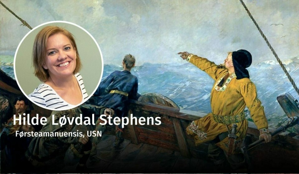MOT AMERIKA: Hvem var Nord- Amerikas rette oppdager? Det har vært kniving mellom ulike etniske grupper i USA om nettopp dette spørsmålet. Den norske kunstneren Christian Krohg malte «Leiv Eiriksson oppdaget Amerika» i 1893. Hilde Løvdal Stephens, thanksgiving, debatt