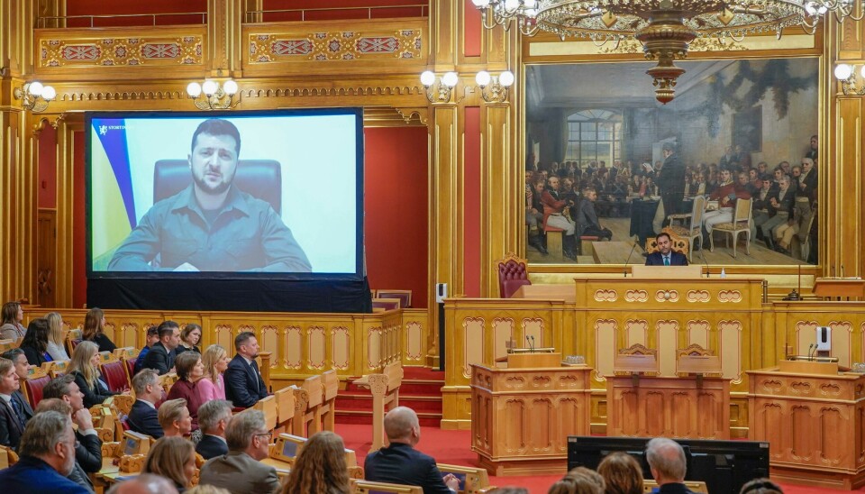 Ukrainas president Volodymyr Zelenskyj taler til Stortinget.Foto: Heiko Junge / POOL / NTB Ukrainas president Volodymyr Zelenskyj taler til Stortinget.Foto: Heiko Junge / POOL / NTB