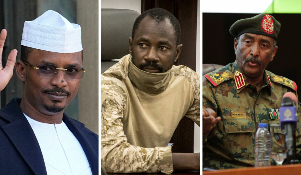 KUPPMAKERE: En militærjunta ledet av Mahamat Idriss Déby Itno (t.v.), som er firestjerners general, styrer nå Tsjad. Mali har opplevd hele to militærkupp på litt over ett år. I august i fjor grep en militærjunta under ledelse av den 38 år gamle obersten Assimi Goïta (midten) makten. General Abdel-Fattah Burhan (t.h.) har utpekt seg selv til leder med vide fullmakter i Sudan, der de militære grep makten i et kupp i oktober.(Foto: NTB/AP)
