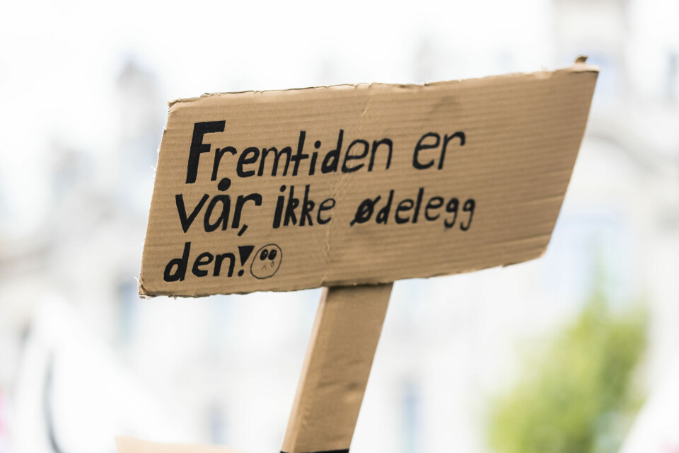 BEKYMRET: For første gang rapporterer over halvparten av nordmenn å være bekymret for klimaendringene. Mange møtte opp for å uttrykke sin bekymring under Klimabrølet foran Stortinget i 2019. blant annet gjennom plakater.(Foto: Håkon Mosvold Larsen/NTB)