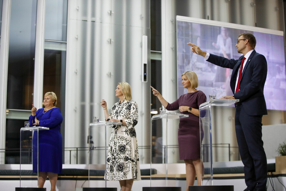 ULIKE I VERDIKURS: Erna Solberg (H), Sylvi Listhaug (Frp), Guri Melby (V) og Kjell Ingolf Ropstad (KrF) er topper i partier som har samarbeidet siden 2013. Men borgerlige partier spriker i flere livssynssaker. Oslo 20210908. Partilederne Erna Solberg (H), Sylvi Listhaug (Frp) Venstre-leder Guri Melby(V) og Kjell Ingolf Ropstad (KrF) under TV2s partilederdebatt på Deichman Bjørvika onsdag kveld.Foto: Javad Parsa / NTB