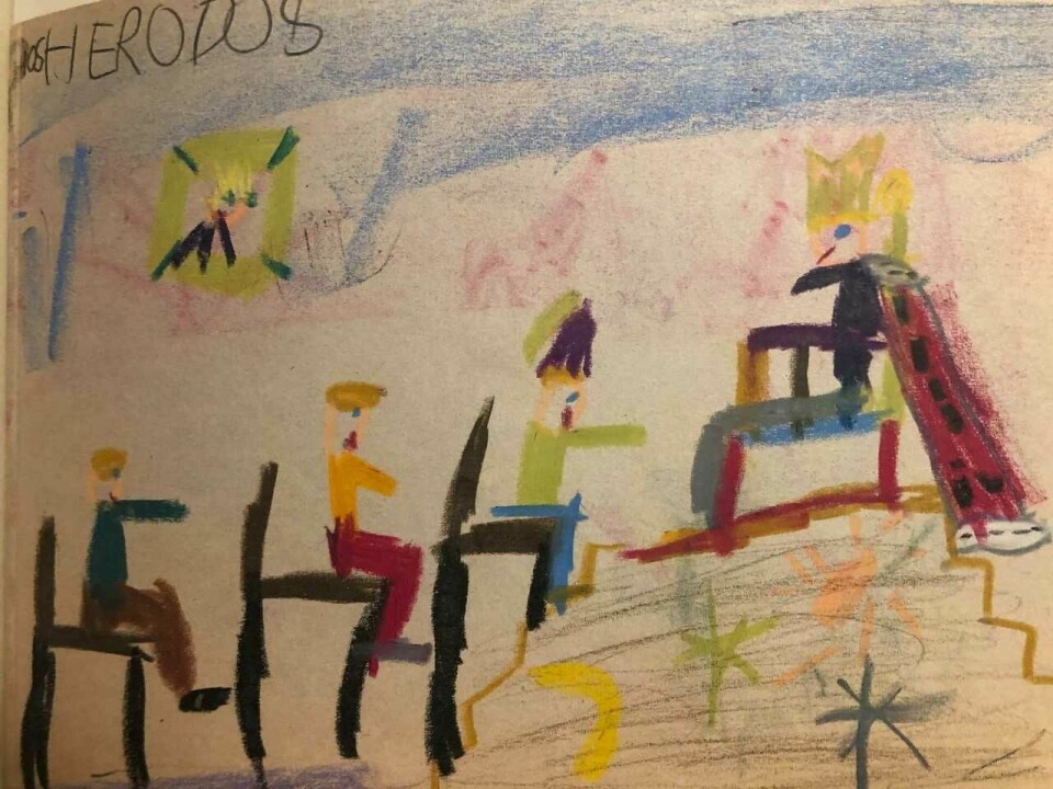 Kristin Gunleiksrud Raaum (7 år anno 1968) har tegnet de tre vise menns møte med Herodes.