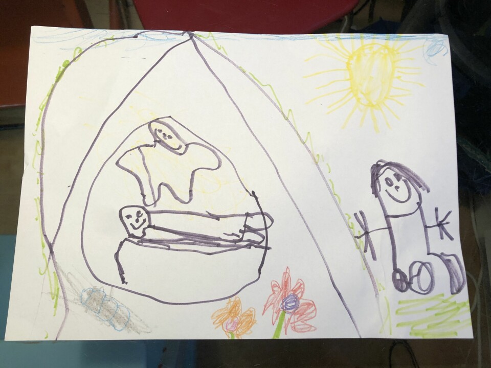 Peder Nikolai Tveit (5 år) fra Landås i Bergen har tegnet Maria Magdalena ved graven.