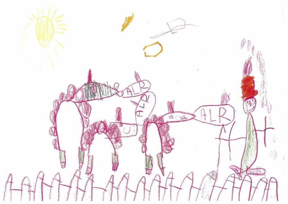 Ingrid Skrudland Aanestad, 4 år, fra Sandnes har tegnet den gode hyrden og sauene.