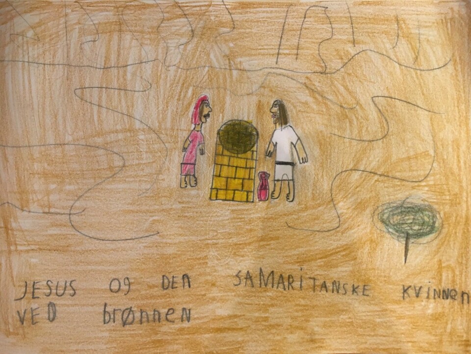 Sivert Fagerland Leirvåg (12 år) fra Bergen har tegnet flere fortellinger om Jesus. I dag viser vi et bildet av kvinnen ved brønnen.