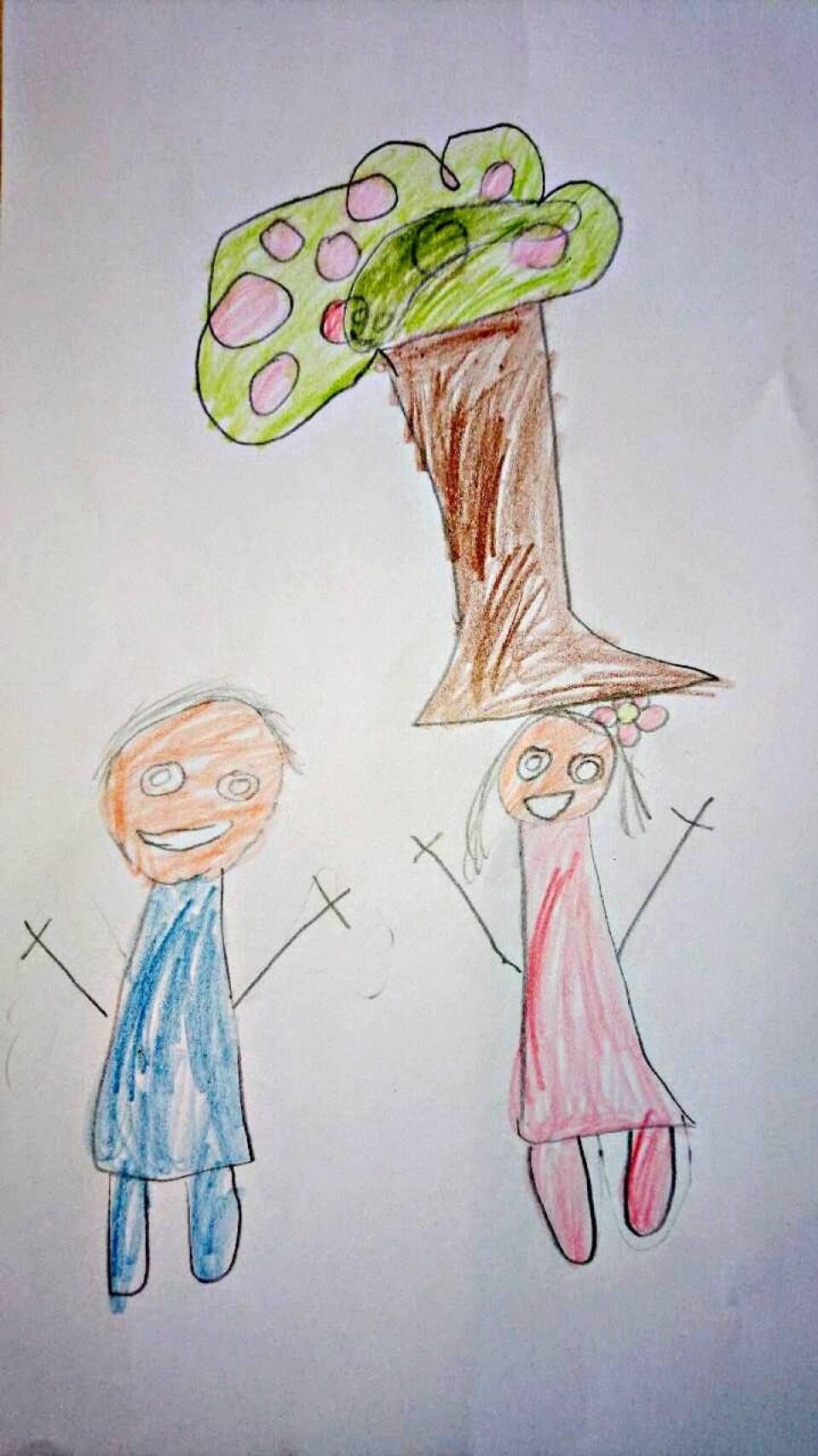 Elias Tjelle Vadseth (7 år) har tegnet Adam og Eva i paradiset.