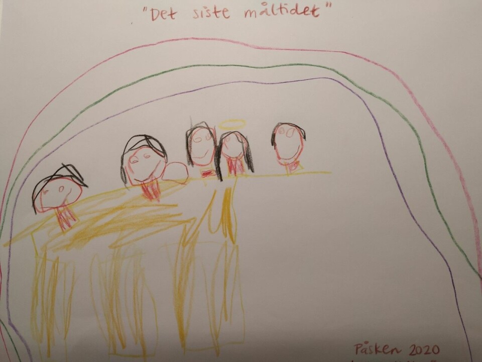Leona Myrset Briså (4 år) fra Oslos tegning av Jesu siste måltid med disiplene er sendt inn av Liv Hilde Myrset Briså.