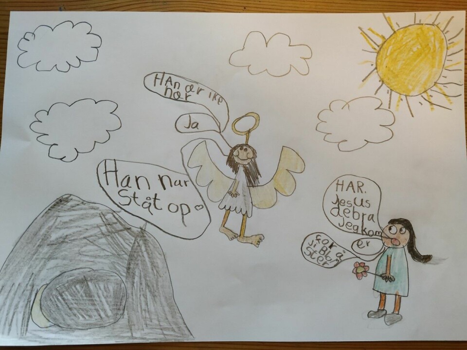 Elise Helle Vigsnes (6 år fra Eydehavn) har tegnet oppstandelsen og Maria som kommer til graven.