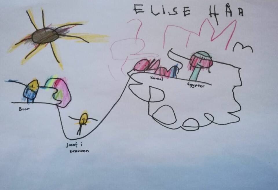 Elise Hansen-Ekenes (4) fra Lambertseter i Oslo sin framstilling av Josef i brønnen er sendt inn av mor Sigrid Hansen-Ekenes.