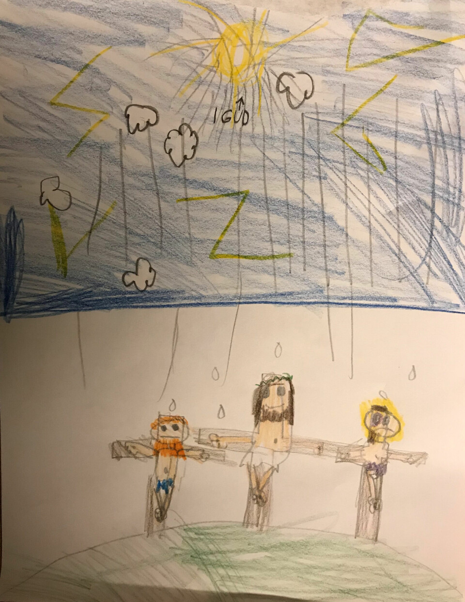 Marie Gjære Smestad (6 år) fra Kongsberg har tegnet en korsfestelsesscene på hjemmeskolen.