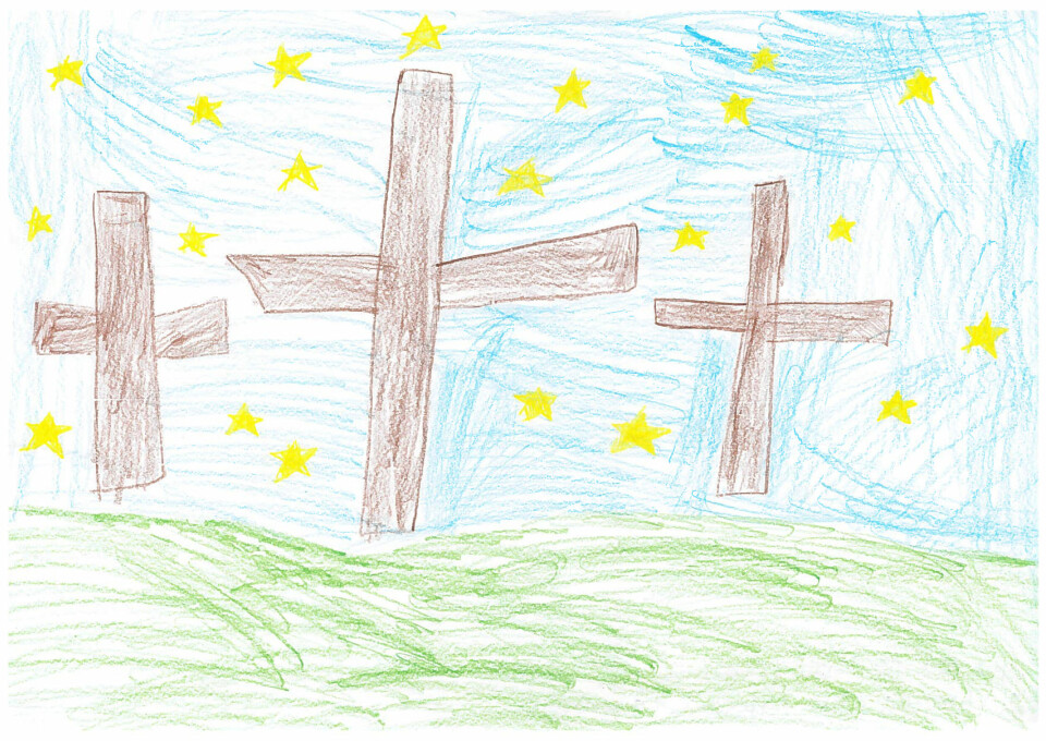 Kornelia Olive Kopperstad (7 år) bor i Ålesund. Hun har tegnet korsene til Jesus og røverne.