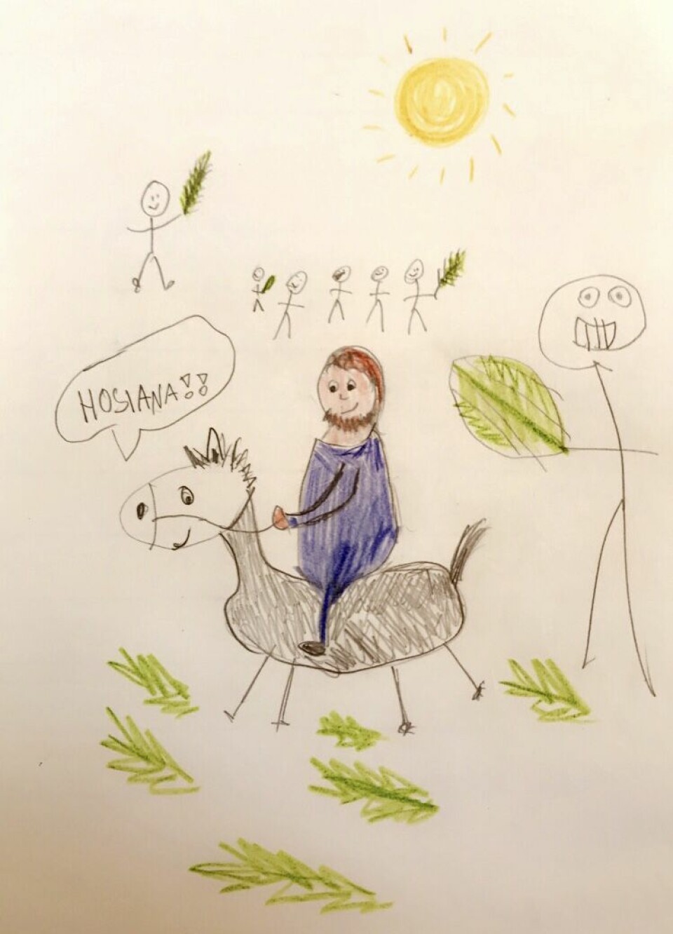 Jonas Olsø (snart 8) bor på Kattem i Trondheim, og har tegnet Jesus på
palmesøndag. Barnebarnets tegning er sendt inn av Ole J. Haaverstad.