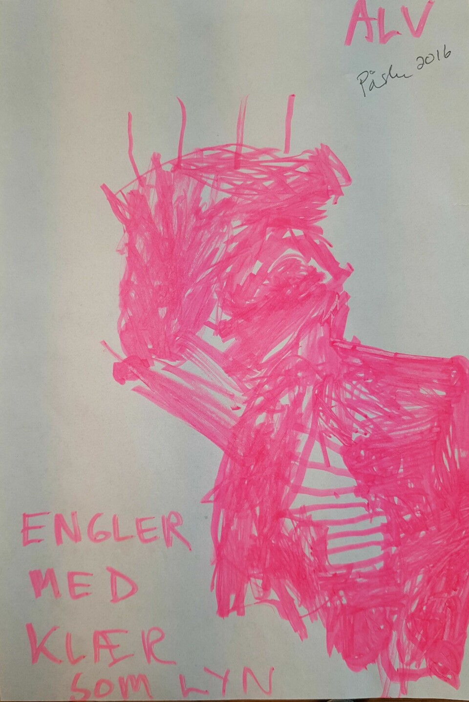 Alv Nafstad Seye (4 år i 2016), har latt seg inspirere av Grundvigs salme om påskemorgen, som skildrer englenes lynende klær. Takk til mormor Beate Børresen i Oslo.