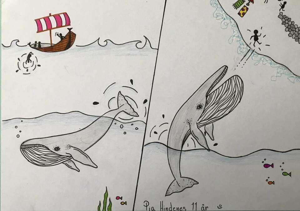 Pia Hindenes på 11 år bor i Os i Bjørnafjorden kommune. Hun har tegnet Jona som blir slukt av en stor fisk.