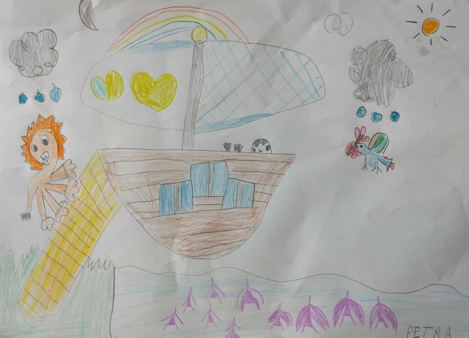 Petra Laird Iversen, 6 år, bor på Lindeberg i Oslo. Hun har tegnet Noas ark.