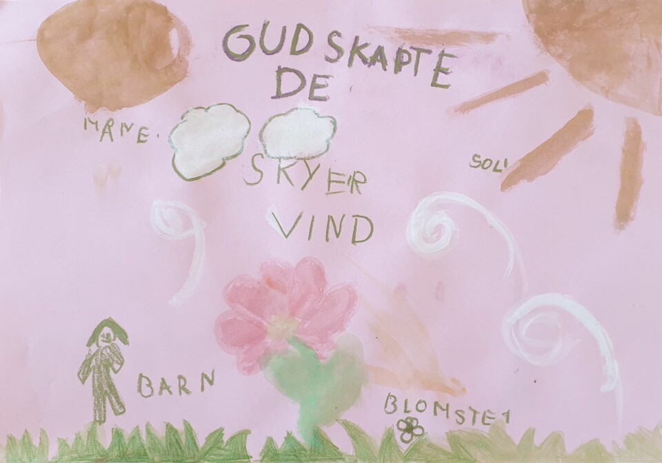 Maria Vold Aas (6 år) fra Vinterbro i Ås kommune har malt skapelsesberetningen.