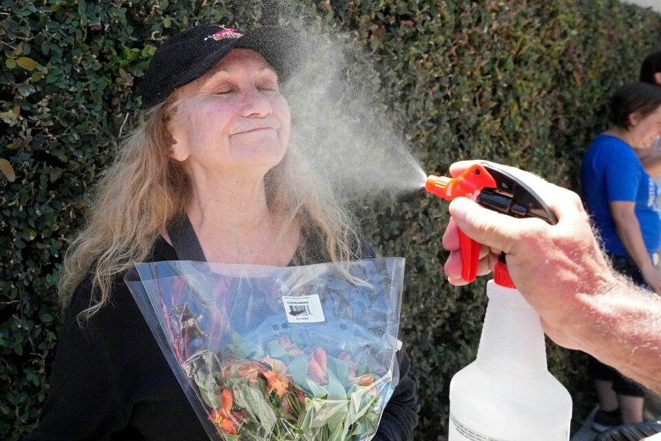 En streikende skuespiller i California får en avkjølende sprut med vann. En streikende skuespiller i California får en avkjølende sprut med vann. Foto: Mark J. Terrill / AP / NTB