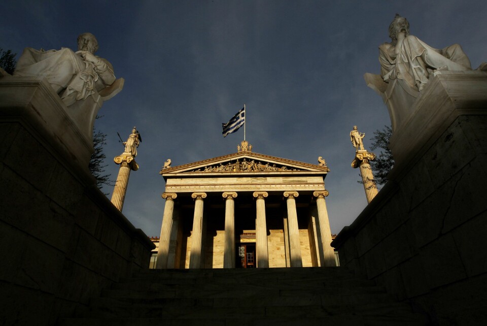In this photo taken Friday, Oct. 21, 2011, marble statues of ancient Greek philosophers Socrates, right, and Plato, left, are seen on plinths in front of the Athens Academy, as the Greek flag flies. More than 200 international philosophers braved strikes and protests to come to Greece this month to join a forum and debate matters of the mind. Greece's illustrious ancient thinkers built the foundations of Western scholarship, and their philosophy stands as an unquantifiable source of national wealth even during a financial crisis. (AP Photo/Petros Giannakouris) In this photo taken Friday, Oct. 21, 2011, marble statues of ancient Greek philosophers Socrates, right, and Plato, left, are seen on plinths in front of the Athens Academy, as the Greek flag flies. More than 200 international philosophers braved strikes and protests to come to Greece this month to join a forum and debate matters of the mind. Greece's illustrious ancient thinkers built the foundations of Western scholarship, and their philosophy stands as an unquantifiable source of national wealth even during a financial crisis. (AP Photo/Petros Giannakouris)