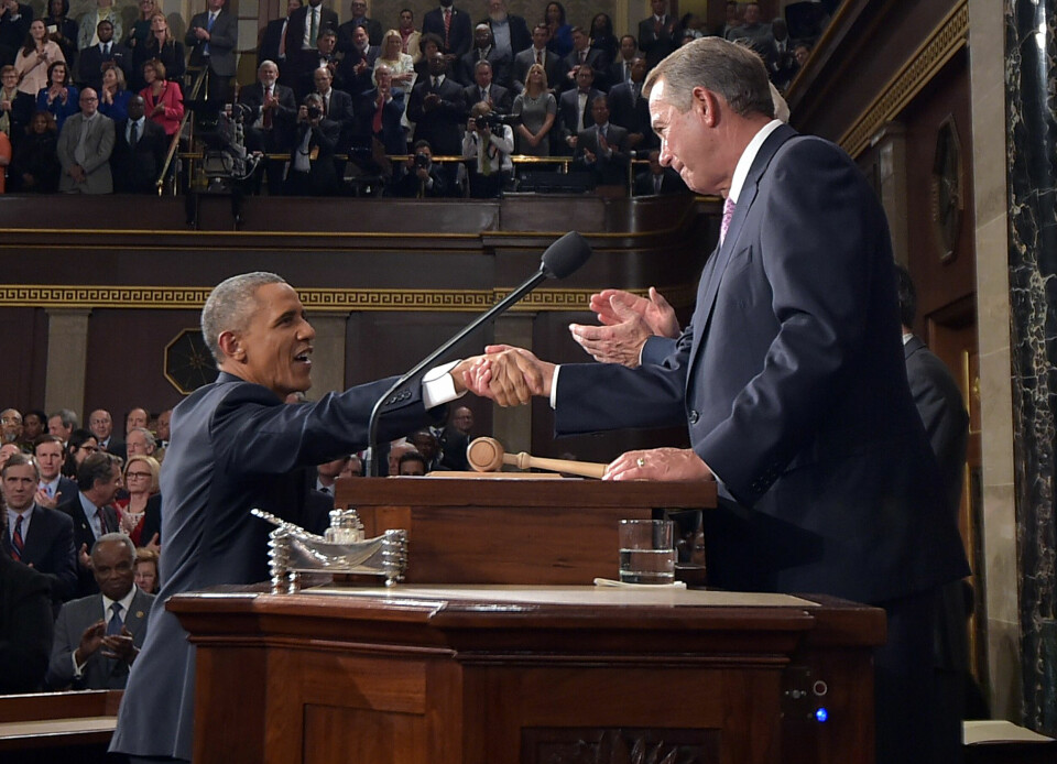 2015: President Barack Obama hilser på John Boehner, republikanernes forrige speaker i Senatet, når presidenten besøker Kongressen. Boehner er nå lite imponert av sitt tidligere parti. (Foto: Mandel Ngan/AP/NTB)