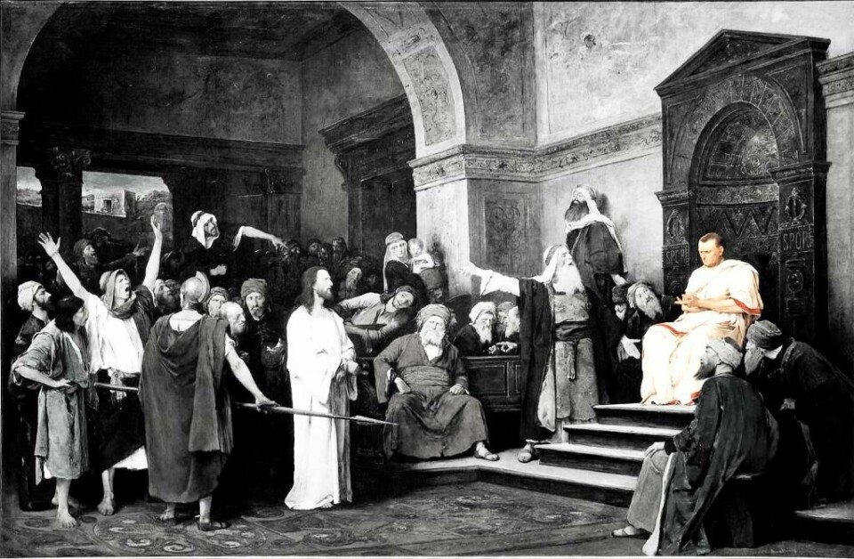 Fredag avsa Pontius Pilatus (til høyre) dommen over Nasaret-mannen Jesus (til venstre). Deretter vasket han sine hender.