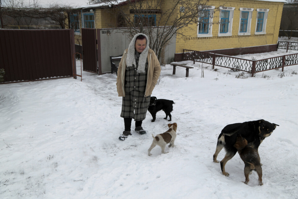 SPENT: En kvinne går tur med hundene sine i et område av Ukraina kontrollert av prorussiske soldater. FILE - A woman walks with her dogs on the territory controlled by pro-Russian militants near frontline with Ukrainian government forces in Slavyanoserbsk, Luhansk region, eastern Ukraine, Jan. 25, 2022. Soldiers and civilians in eastern Ukraine are waiting with helpless anticipation to see if war comes. They understand that the decision will be made by people who know little about the lives of those on the eastern front lines. (AP Photo/Alexei Alexandrov, file)