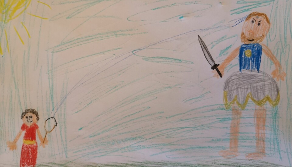 Leah Vogel på 7 år tegnet lille David som kjempet mot og beseiret kjempen Goliat. Hun bor i Samnanger utenfor Bergen. Leah Vogel på 7 år tegnet lille David som kjempet mot og beseiret kjempen Goliat.