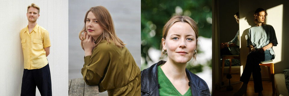 Disse fire fjorårsdebutantene er nominert til Tarjei Vesaas' debutantpris: F.v. Romanforfatterne Olav Fangel, Ingvill Kjærstein og Marie Kinge, mens Anna With er nominert for sin diktsamling. Foto: Gyldendal / Samlaget / Cappelen Damm / Oktober Disse fire fjorårsdebutantene er nominert til Tarjei Vesaas' debutantpris: F.v. Romanforfatterne Olav Fangel, Ingvill Kjærstein og Marie Kinge, mens Anna With er nominert for sin diktsamling. Foto: Gyldendal / Samlaget / Cappelen Damm / Oktober