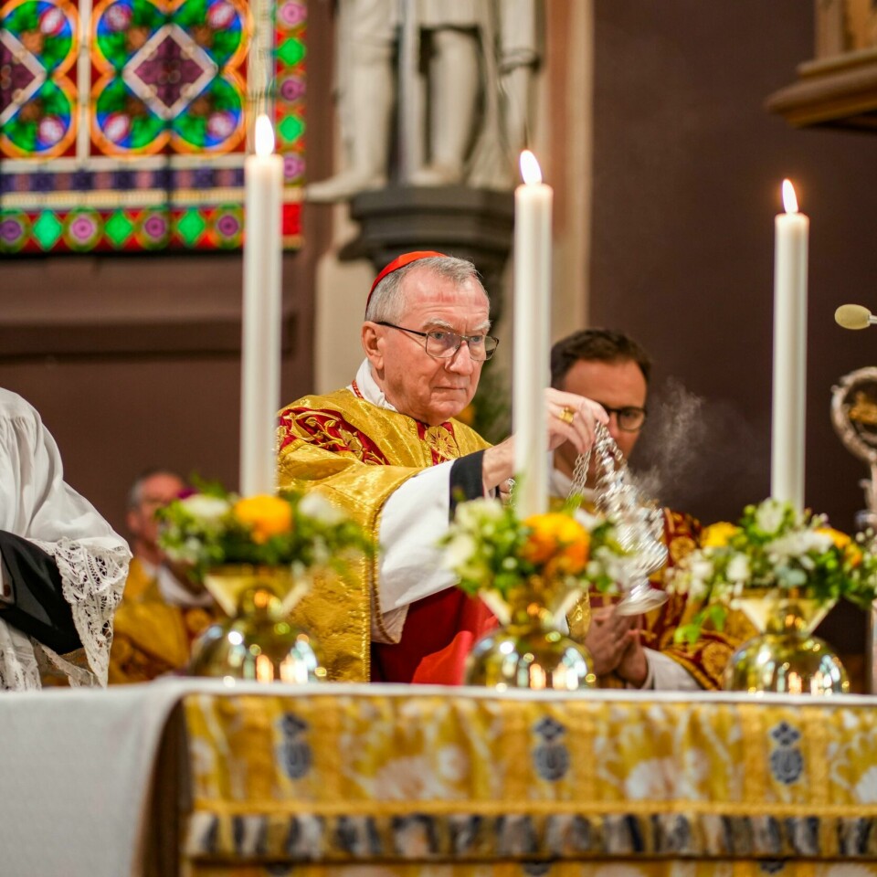 FORESTÅR VIGSLINGEN: Vigslingen av biskop Fredrik Hansen foretas av kardinal Pietro Parolin, Vatikanets statsminister og nr 2 etter pave. Kardinal Pietro Parolin var Vatikanets utsendte under bispevigselen. Foto: Heiko Junge / NTB