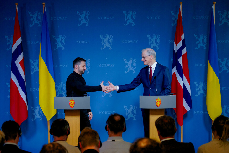 NORGES-BESØK: Ukrainas president Volodymyr Zelenskyj og Norges statsminister Jonas Gahr Støre (Ap) holdt torsdag pressekonferanse i regjeringens representasjonsanlegg i Oslo torsdag. Ukrainas president Volodymyr Zelenskyj og Norges statsminister Jonas Gahr Støre (Ap) holdt torsdag pressekonferanse i regjeringens representasjonsanlegg i Oslo torsdag. Foto: Ole Berg-Rusten / NTB