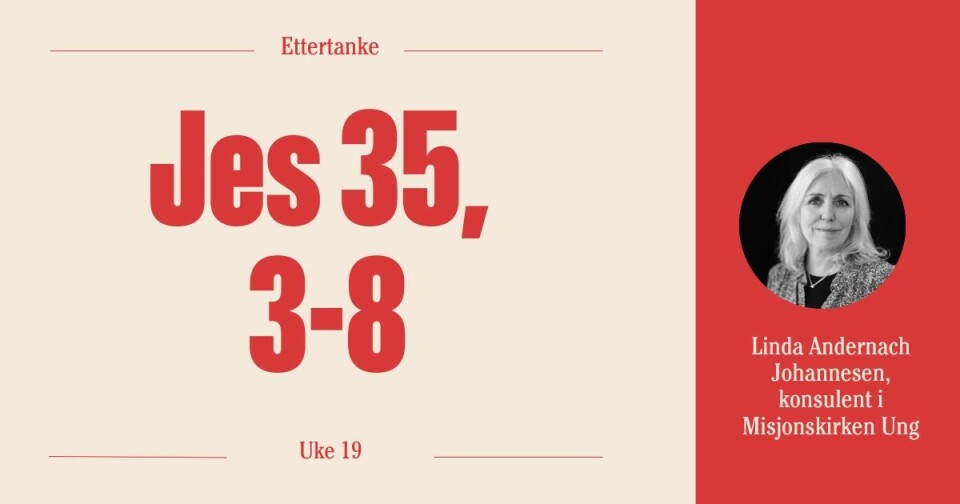 I uke 19 skriver Linda Andernach Johannesen andakter i Vårt Lands spalte Ettertanke, med utgangspunkt i dagens bibelord fra Bibelselskapet.